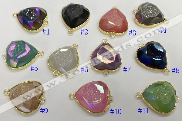 NGC7000 20mm faceted heart plated druzy agate connectors