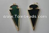 NGP1291 30*65mm green agate pendants with brass setting