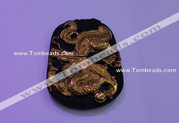 NGP2025 40*55mm carved gold plated matte black obsidian pendants