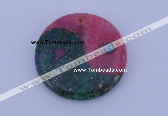 NGP208 6*40mm coin dyed rhodochrosite & chrysocolla gemstone pendant