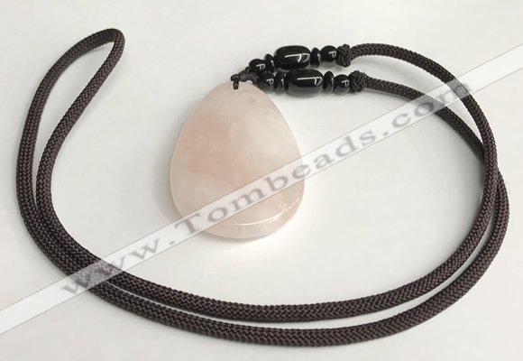 NGP5596 Rose quartz flat teardrop pendant with nylon cord necklace