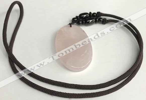 NGP5597 Rose quartz oval pendant with nylon cord necklace