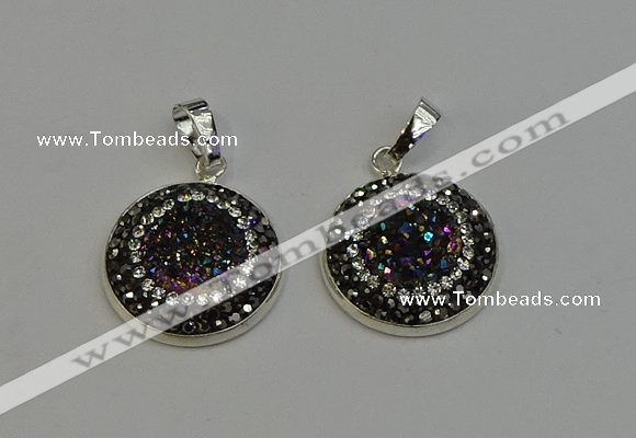 NGP6274 22mm flat round plated druzy agate pendants wholesale