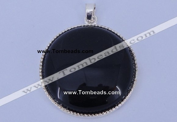 NGP651 5pcs 6*33mm flat round black obsidian with brass gemstone pendants